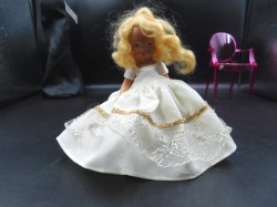 5.5" Blonde Bisque Nancy Ann Storybook Doll, White dress, gold and net trim